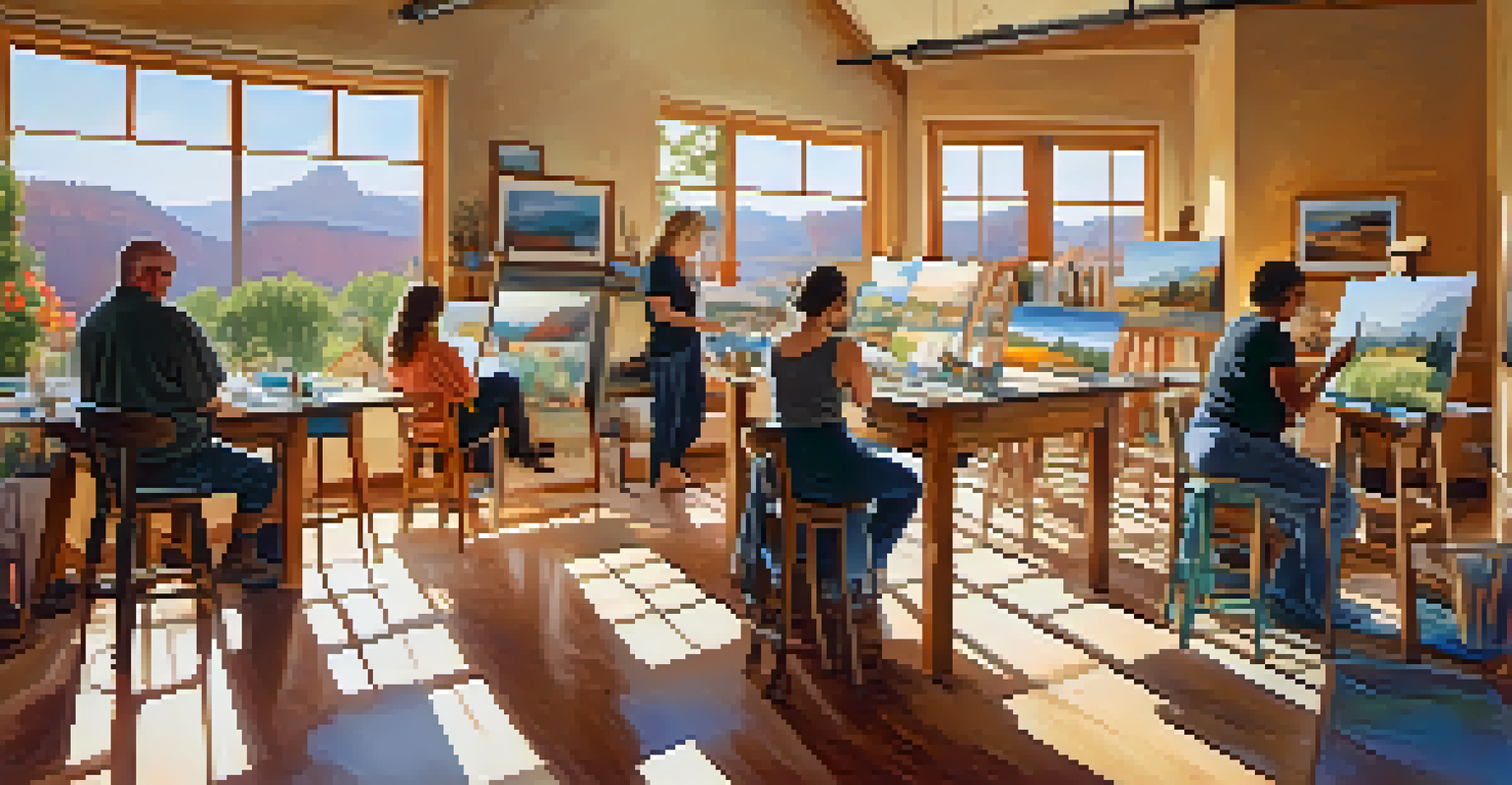 An art workshop in Sedona with participants painting in watercolors, sunlight streaming through windows, and a colorful array of art supplies on the tables.