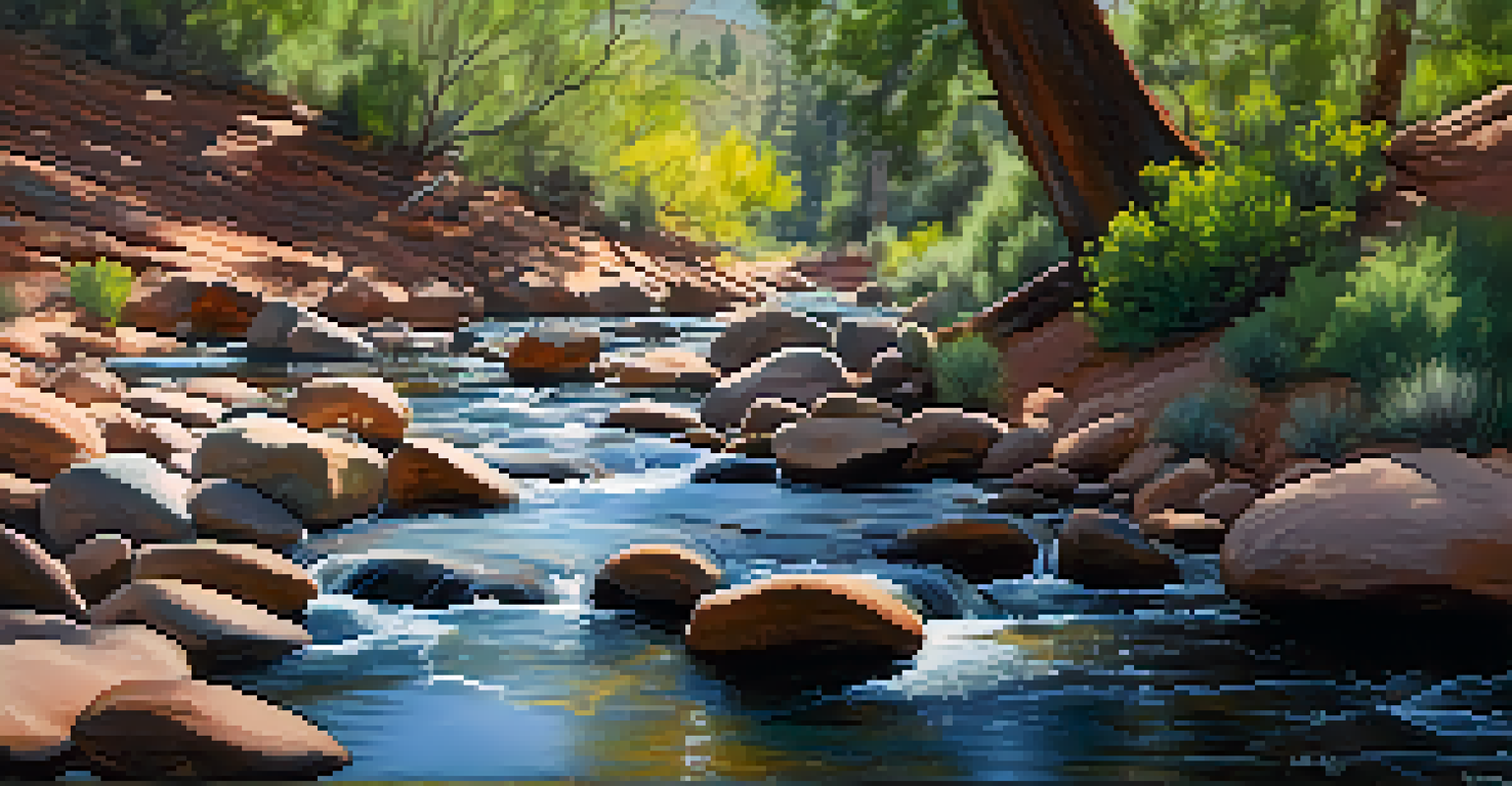 A serene creek in Sedona with flowing water, smooth stones, and blooming wildflowers along the banks.