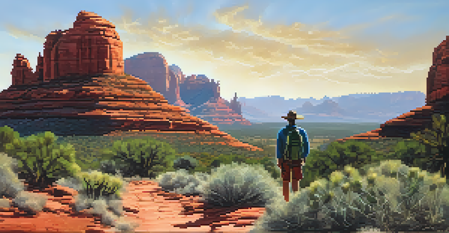 Hiker on the Bell Rock Pathway admiring the towering red rock formations in Sedona.