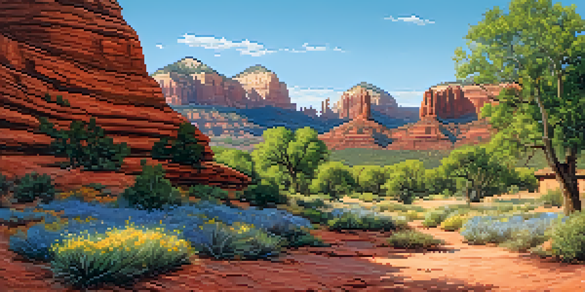 Panoramic view of rustic sandstone buildings of early settlers in Sedona, with red rock formations and blooming wildflowers under a blue sky.