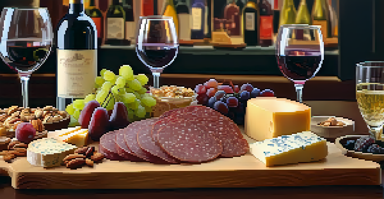 A charcuterie board with cheeses and fruits, alongside a glass of Pinot Noir, set in a softly lit wine bar with blurred patrons in the background.