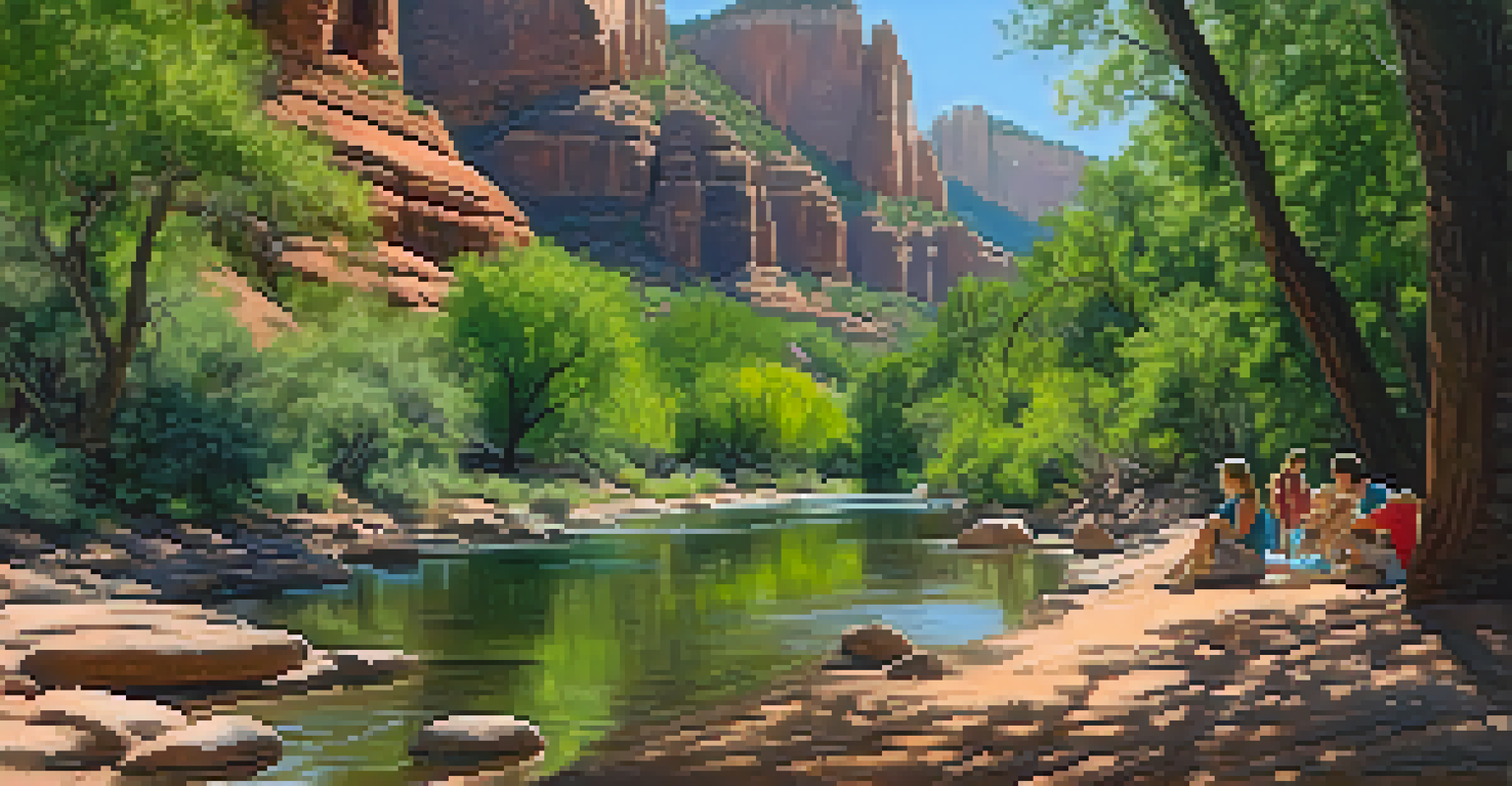 A peaceful picnic by a creek in Oak Creek Canyon, featuring a blanket, food, and lush greenery.