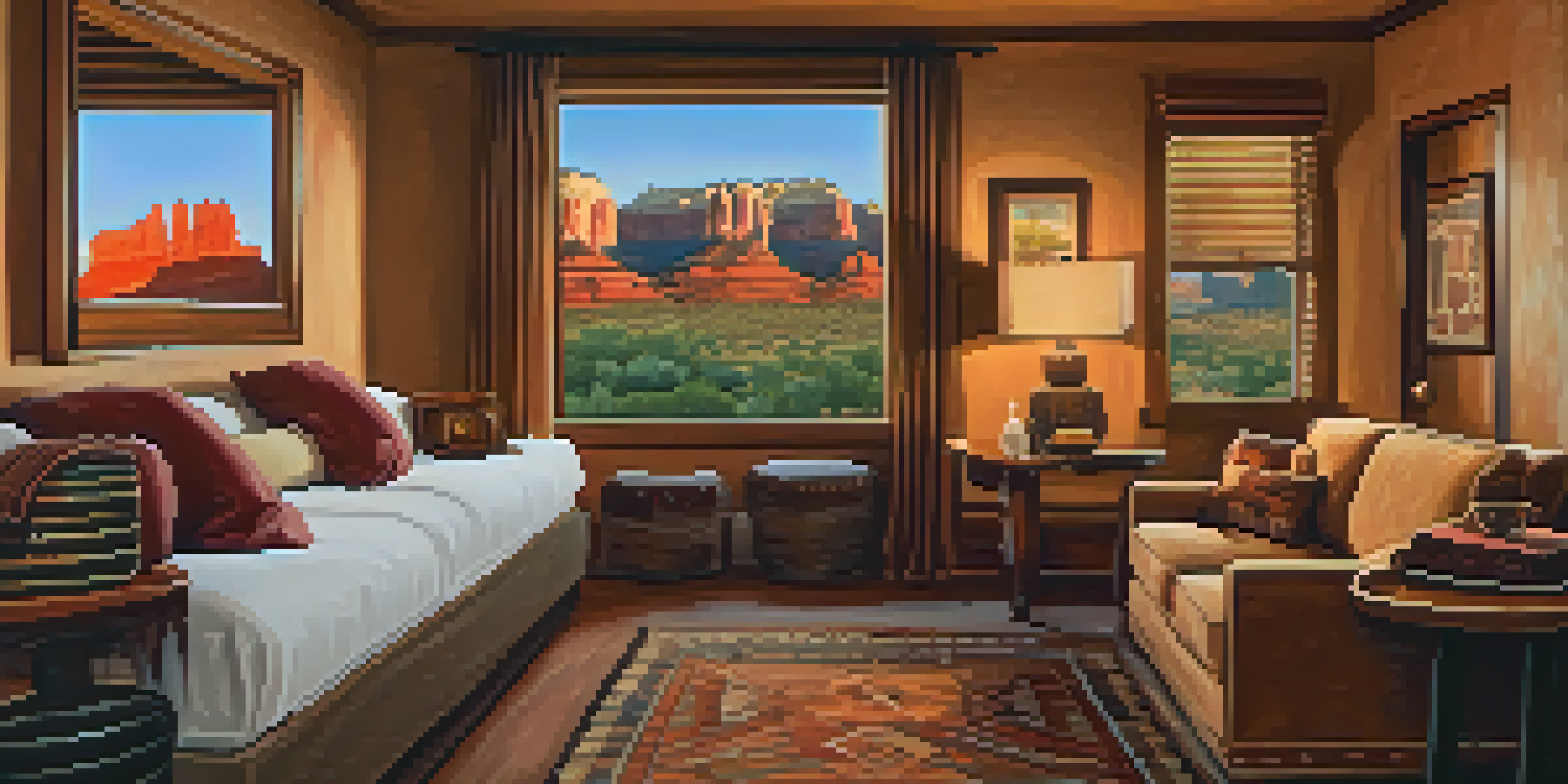 A rustic hotel room with vintage furnishings and a view of red rock formations at sunset.