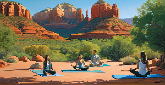 A group of people practicing yoga outdoors in Sedona, surrounded by stunning red rock formations and lush greenery under a bright blue sky.