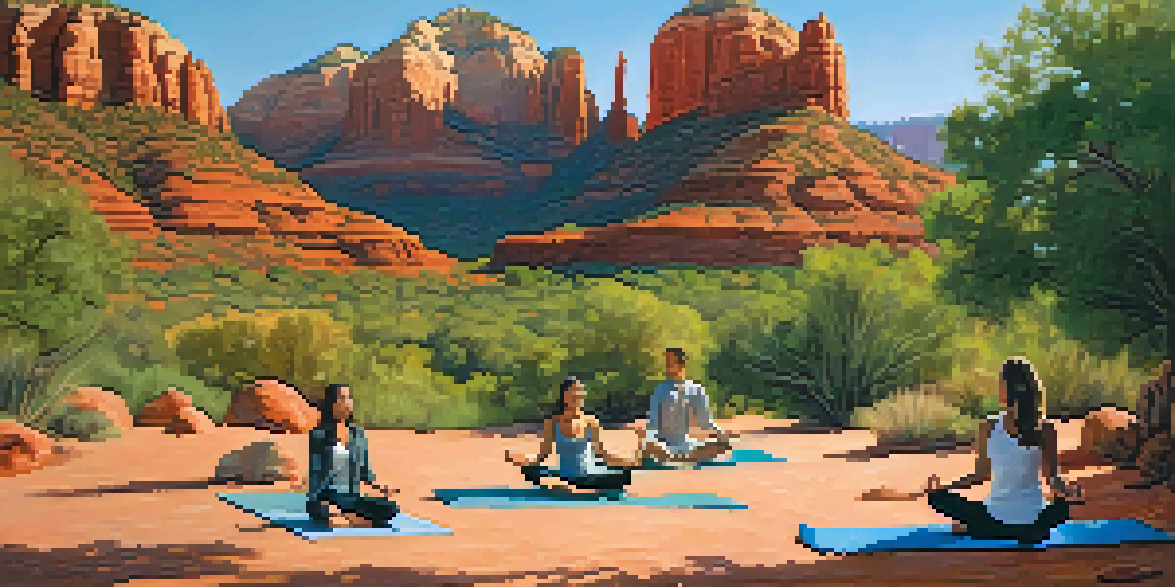 A group of people practicing yoga outdoors in Sedona, surrounded by stunning red rock formations and lush greenery under a bright blue sky.