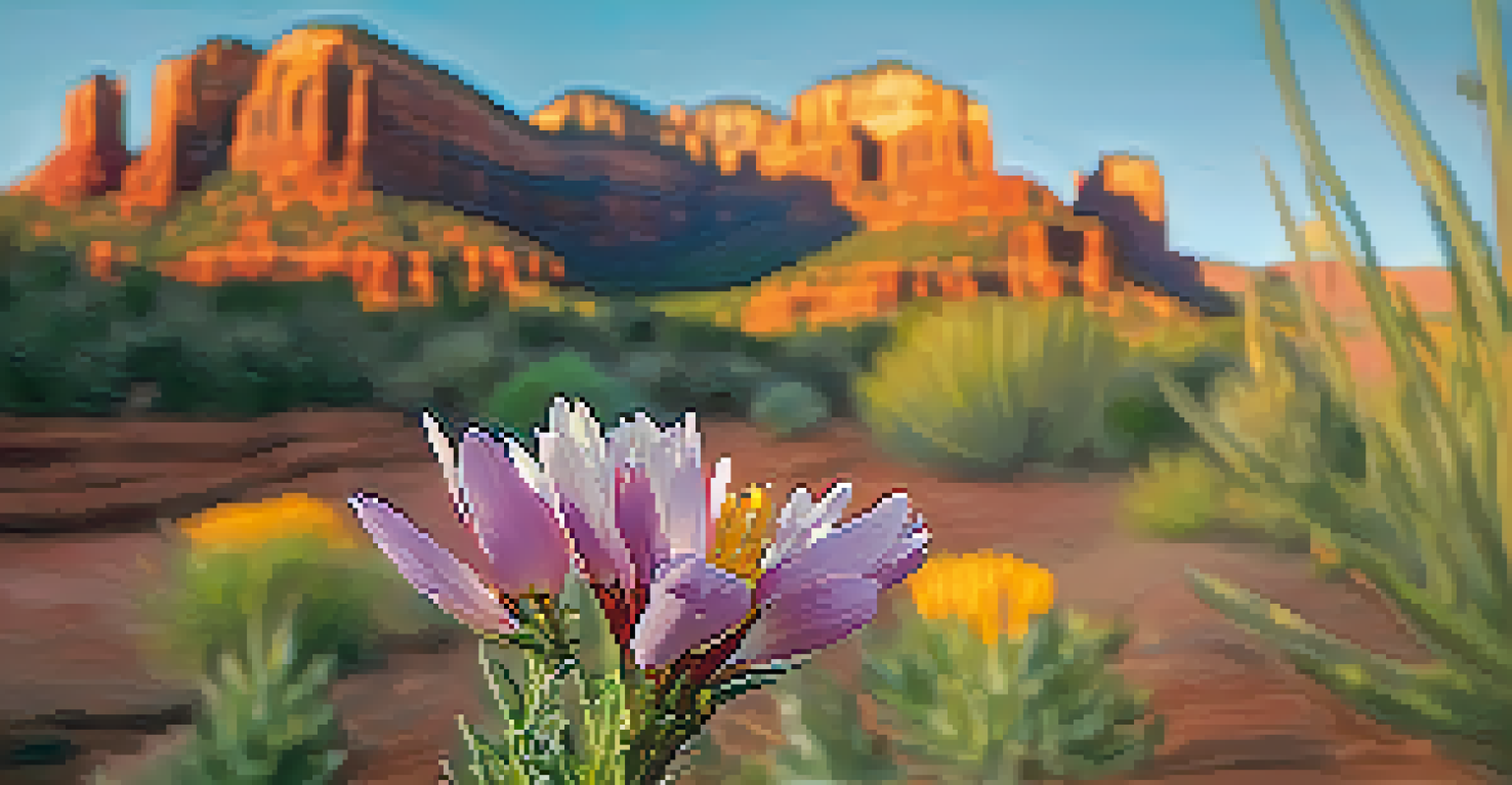 A close-up of a wildflower with Sedona's red rocks softly blurred in the background, highlighting the flower's beauty.