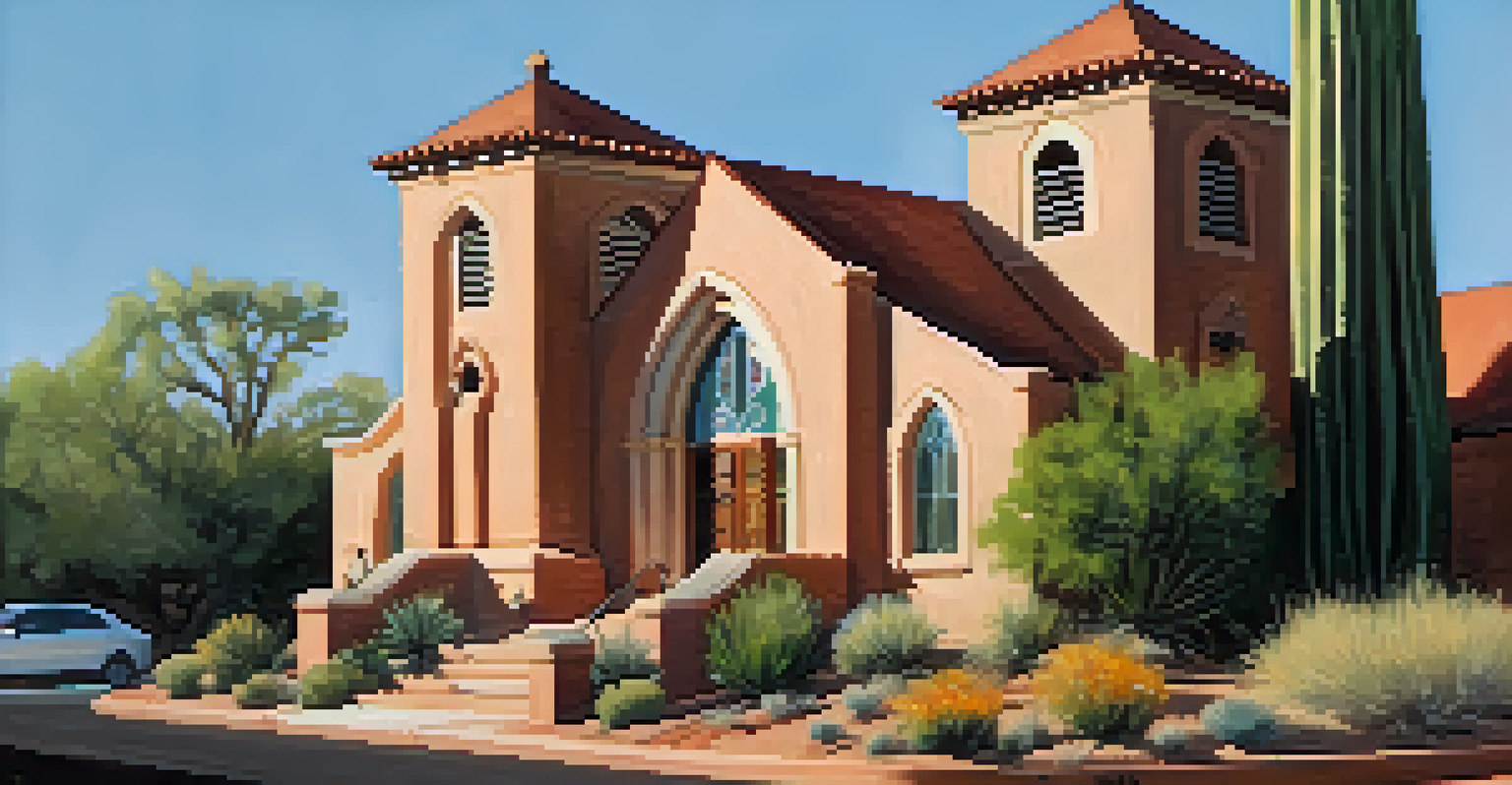 Close-up view of the Sedona United Methodist Church with blooming flowers and warm afternoon light highlighting its historical architecture.