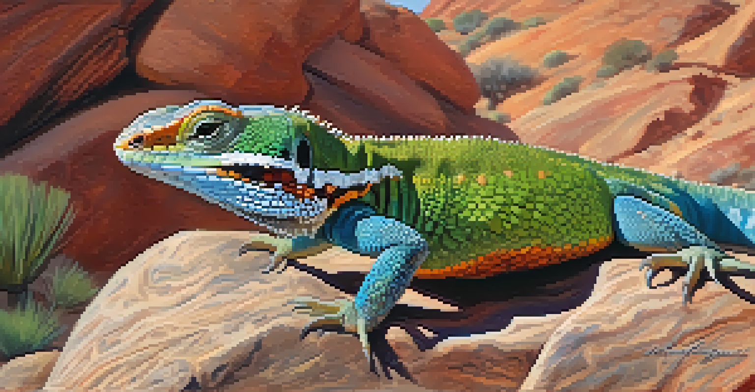 A close-up of a collared lizard on a rock surrounded by desert plants.