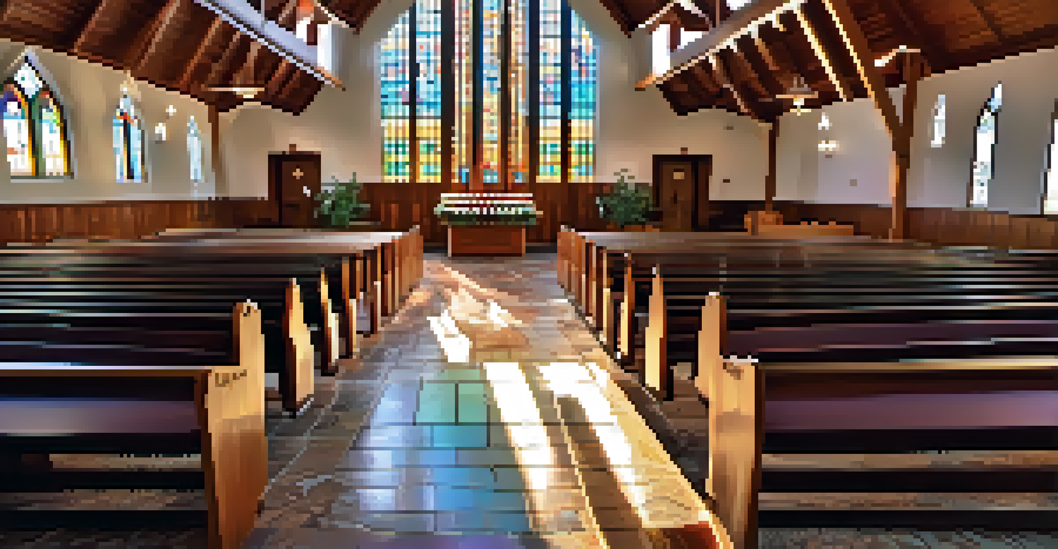 Interior of St. John Vianney Catholic Church with sunlight through stained glass windows.