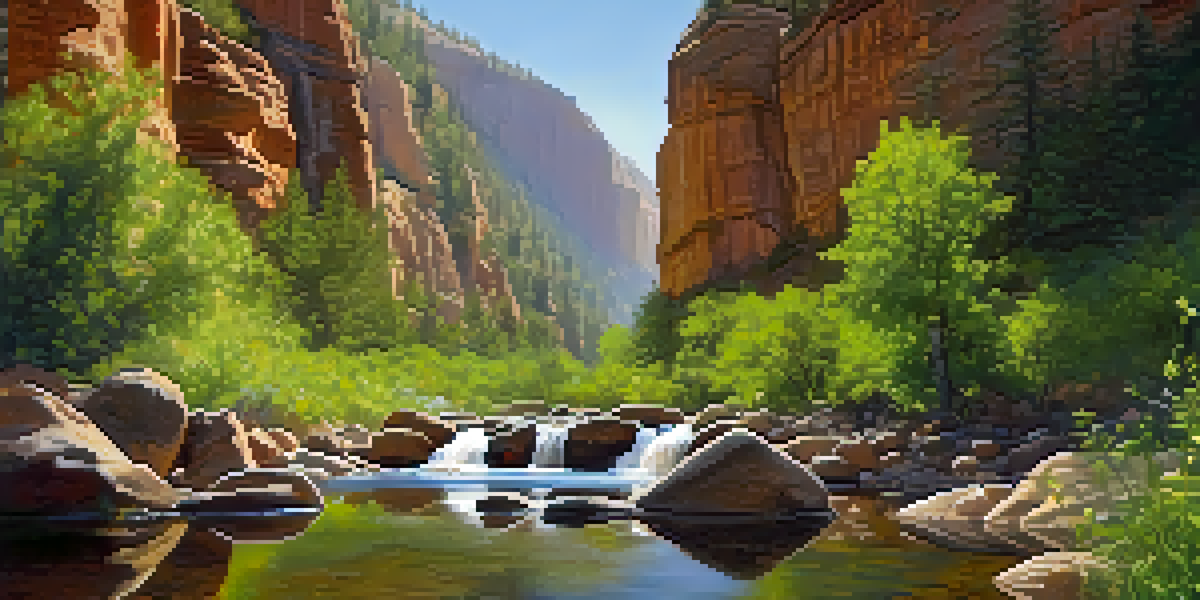 A picturesque landscape of Oak Creek Canyon featuring cliffs, a flowing stream, lush greenery, and a canyon wren perched on a rock.