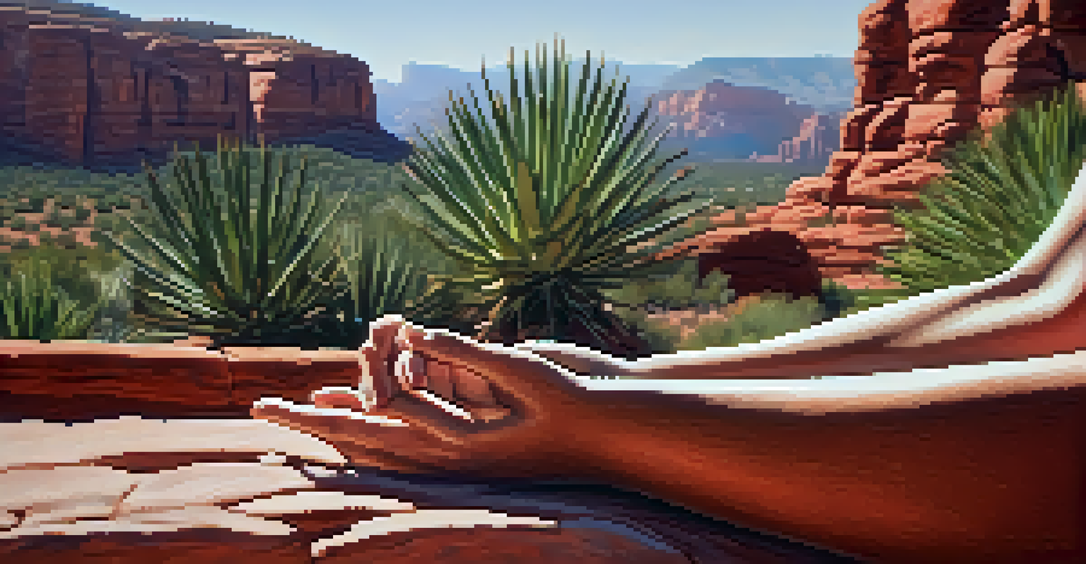 Close-up of a person's hands in a meditative gesture with Sedona's red rocks and cactus plants in the background, bathed in warm sunlight.