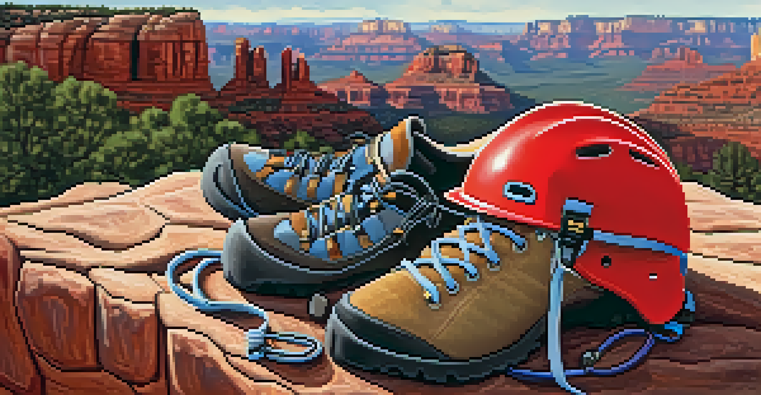 Essential rock climbing gear including shoes, harness, chalk bag, and helmet displayed on a rocky surface with red rocks in the background.
