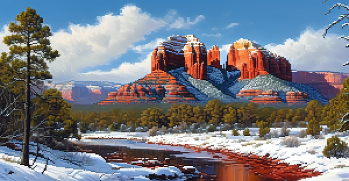 A winter landscape in Sedona with red rock formations covered in snow, tall pine trees, and a winding hiking trail.