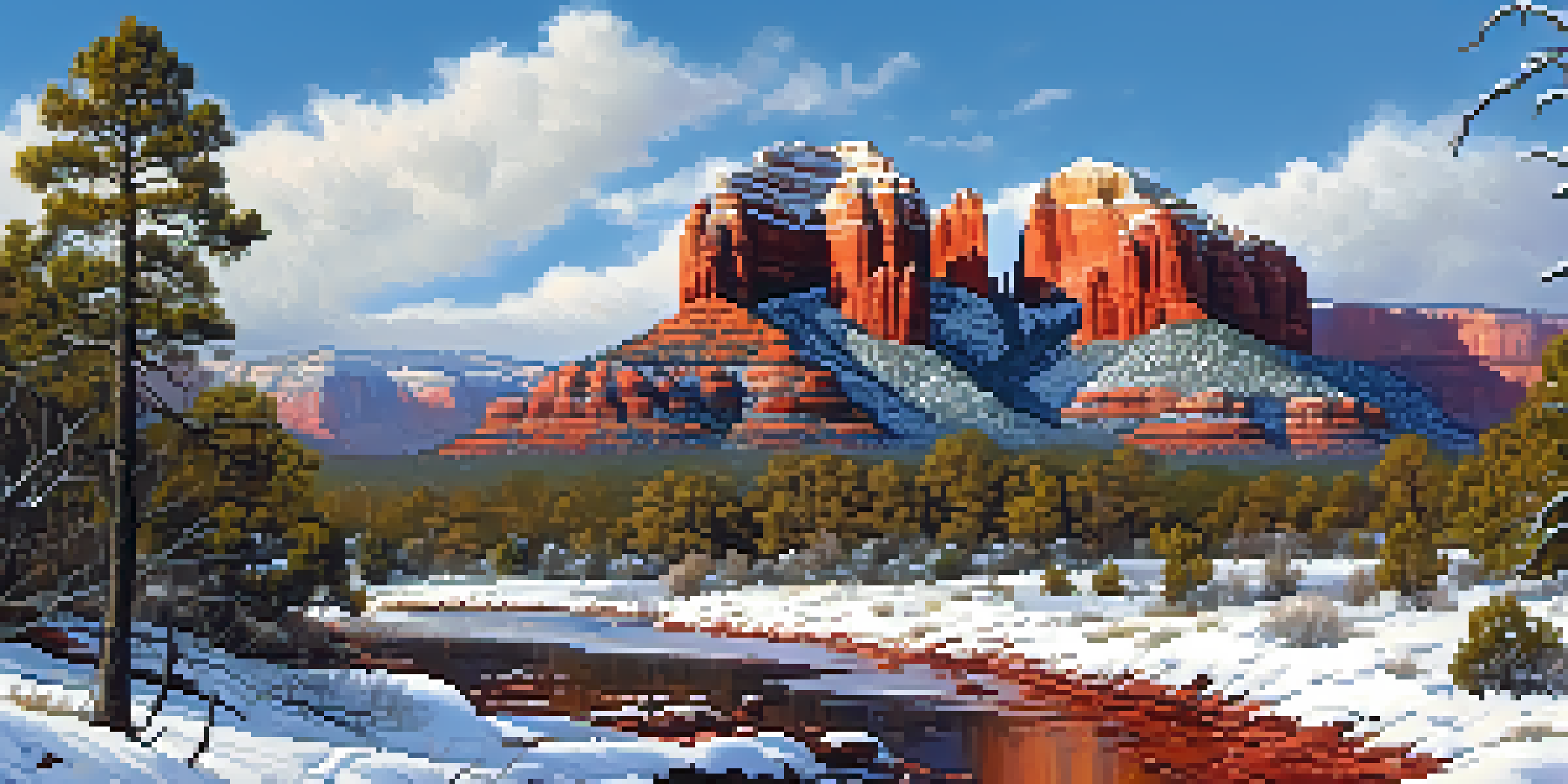 A winter landscape in Sedona with red rock formations covered in snow, tall pine trees, and a winding hiking trail.
