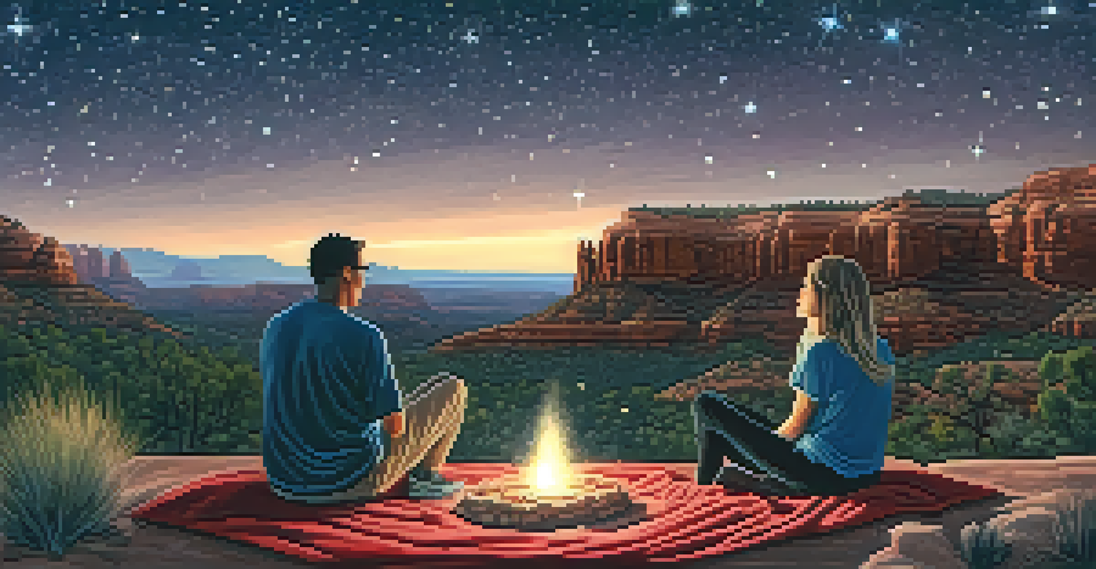 A couple lying on a blanket under a star-filled sky at Sedona Dark Sky Park, enjoying a cozy moment with hot cocoa and the beauty of the cosmos.