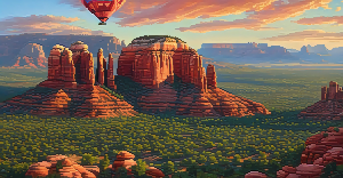 A hot air balloon floats above Sedona during sunrise, with warm colors illuminating the red rocks and the Verde Valley below.