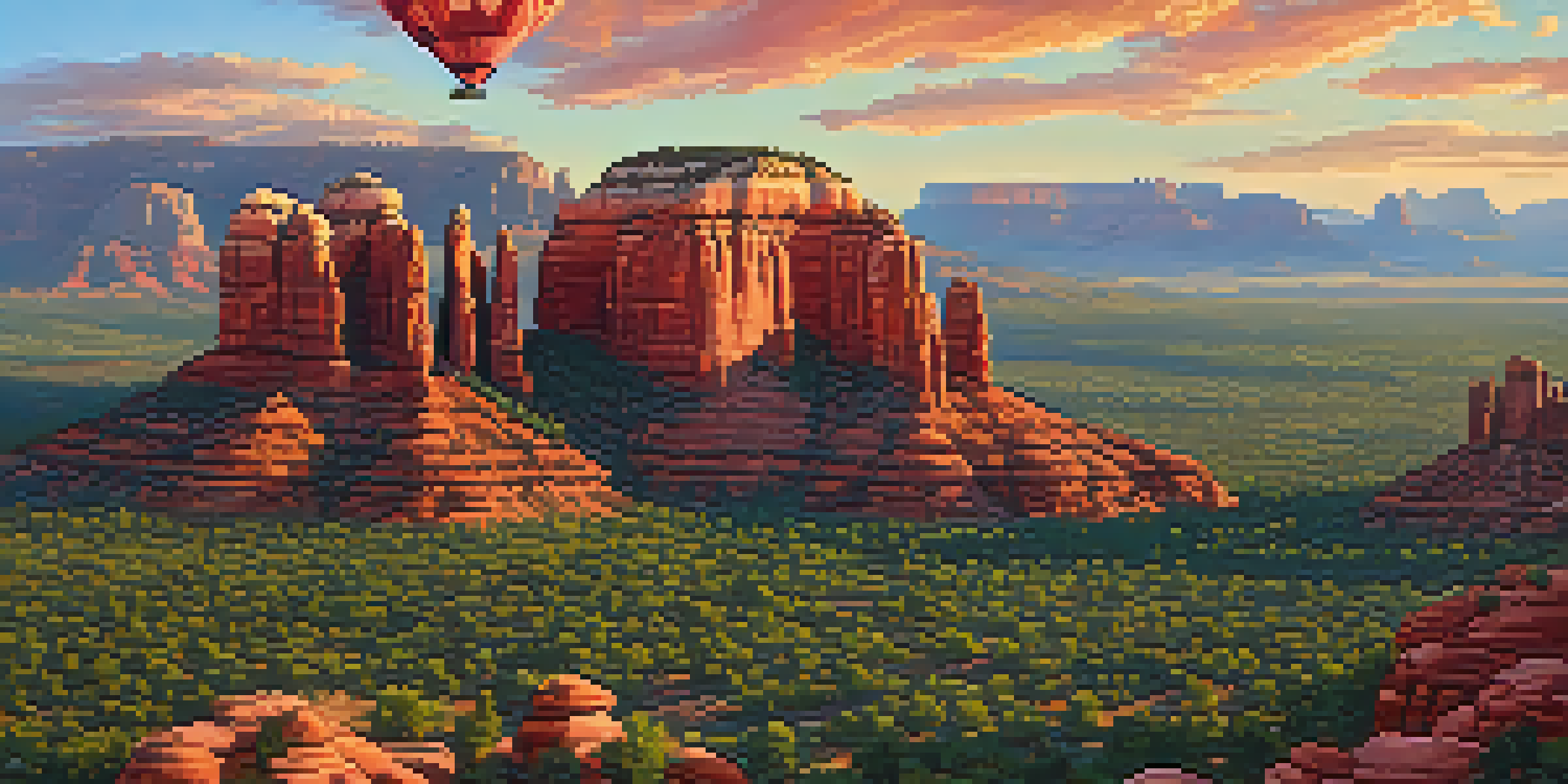A hot air balloon floats above Sedona during sunrise, with warm colors illuminating the red rocks and the Verde Valley below.