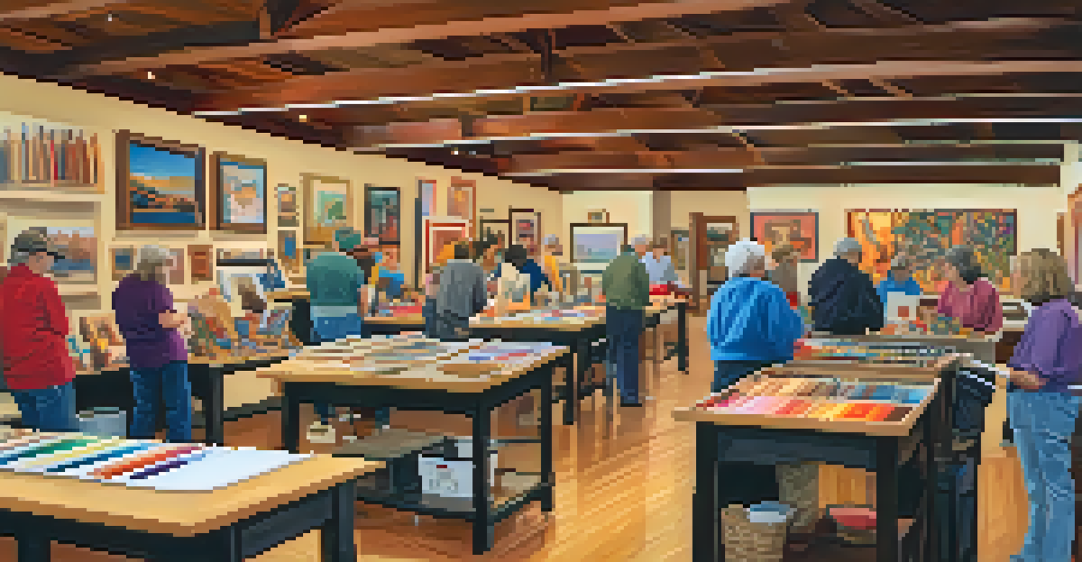 Volunteers participating in an arts and crafts workshop at the Sedona Arts Center surrounded by colorful art supplies.
