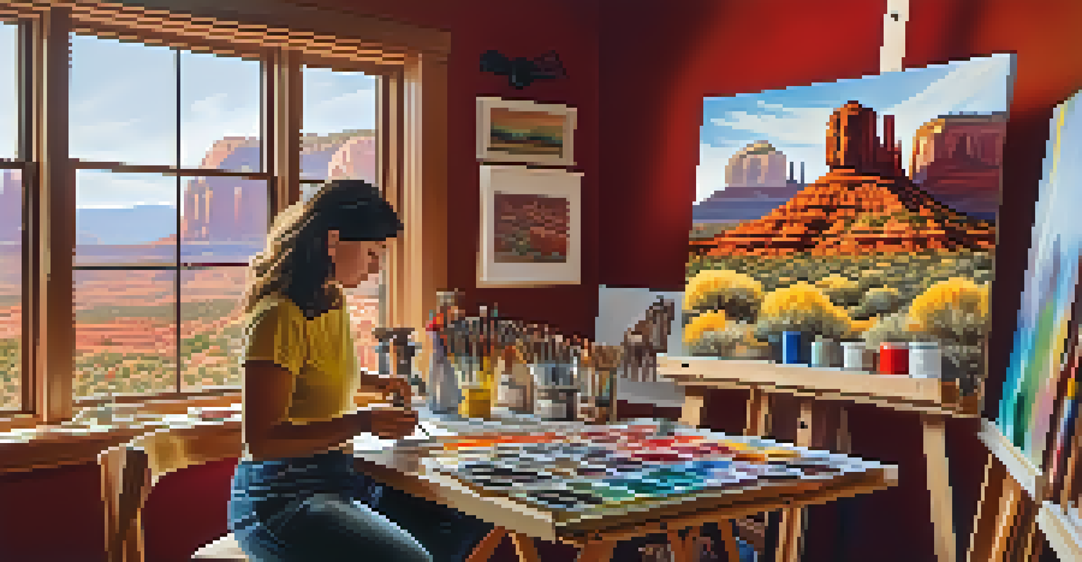 An artist painting in a brightly lit studio filled with colorful artwork and art supplies, with sunlight illuminating the space.