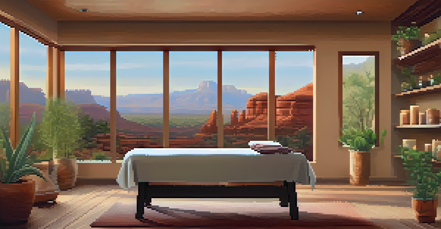 A cozy holistic therapy room with a massage table, essential oils, and a view of red rocks outside the window.