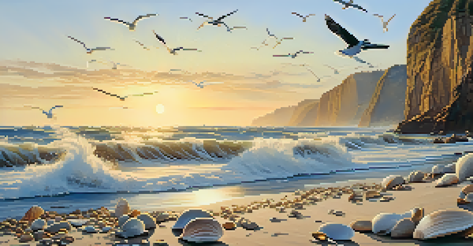 A coastal scene at sunset with cliffs, waves, and a sandy beach scattered with seashells under golden light.