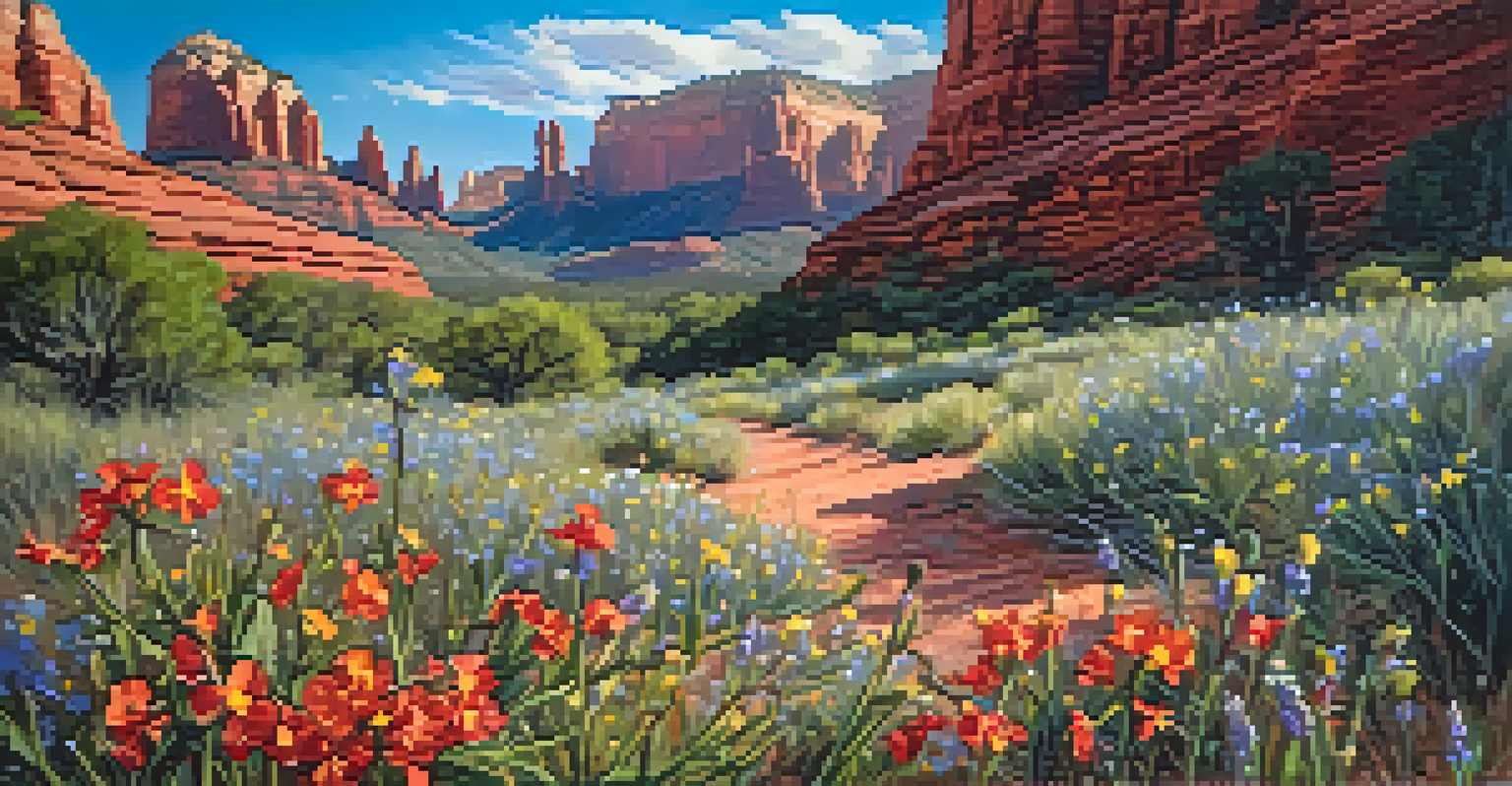 Close-up of colorful wildflowers blooming in Sedona with red rock formations in the background.