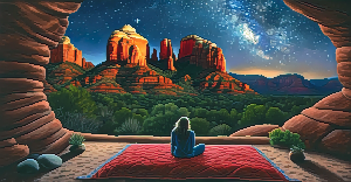 A person lying on a blanket under a starry night sky in Sedona, with red rock formations surrounding them.