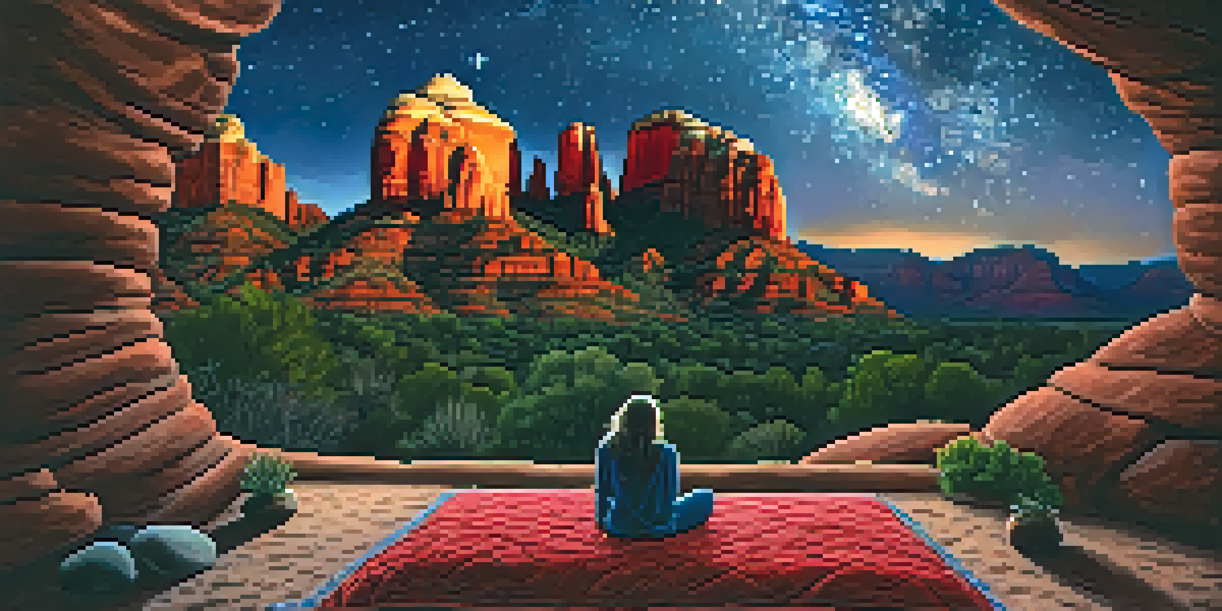 A person lying on a blanket under a starry night sky in Sedona, with red rock formations surrounding them.
