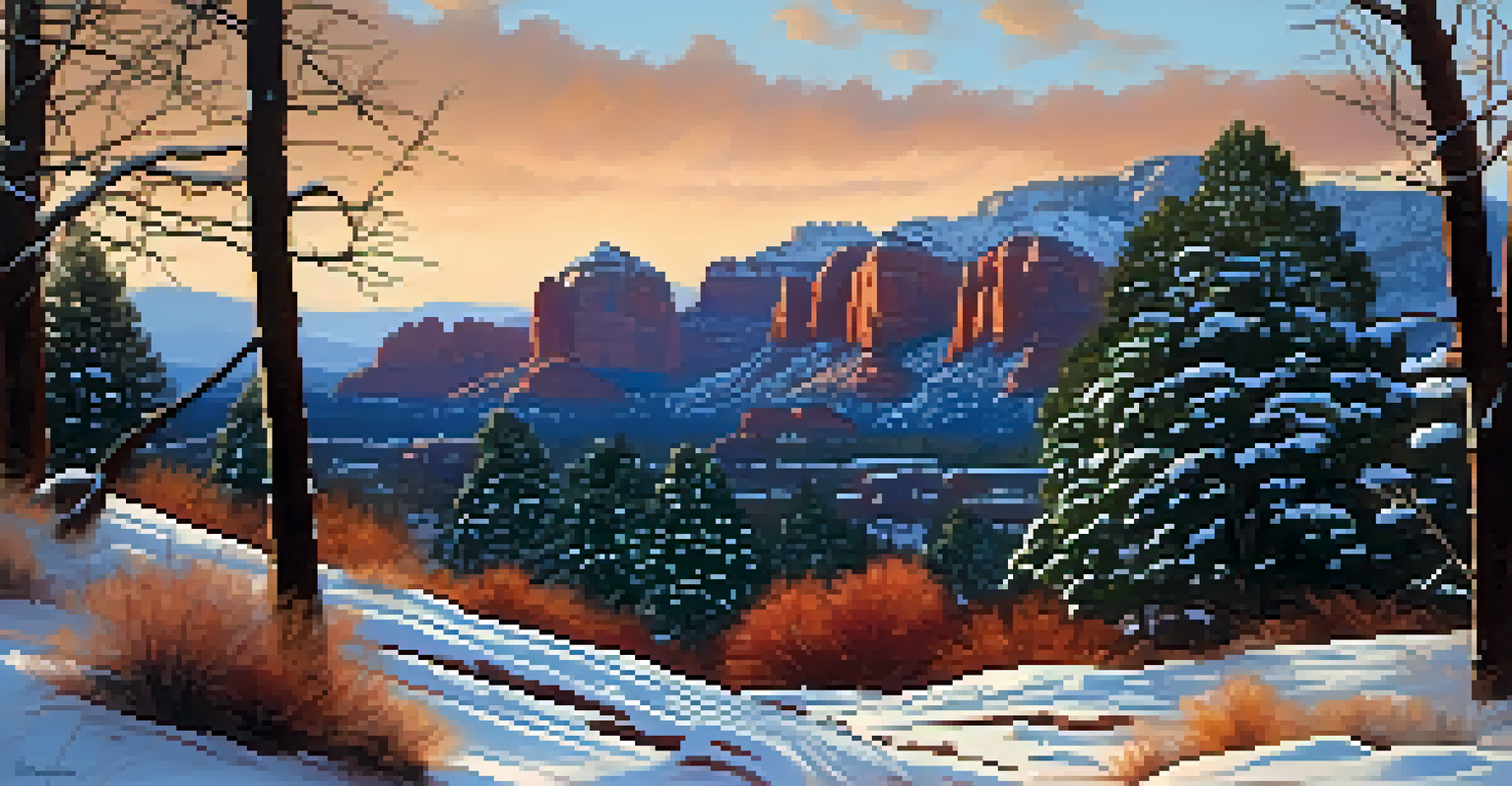 Winter scene with bare branches and evergreens in Sedona's gardens, highlighted by red rocks at dusk.