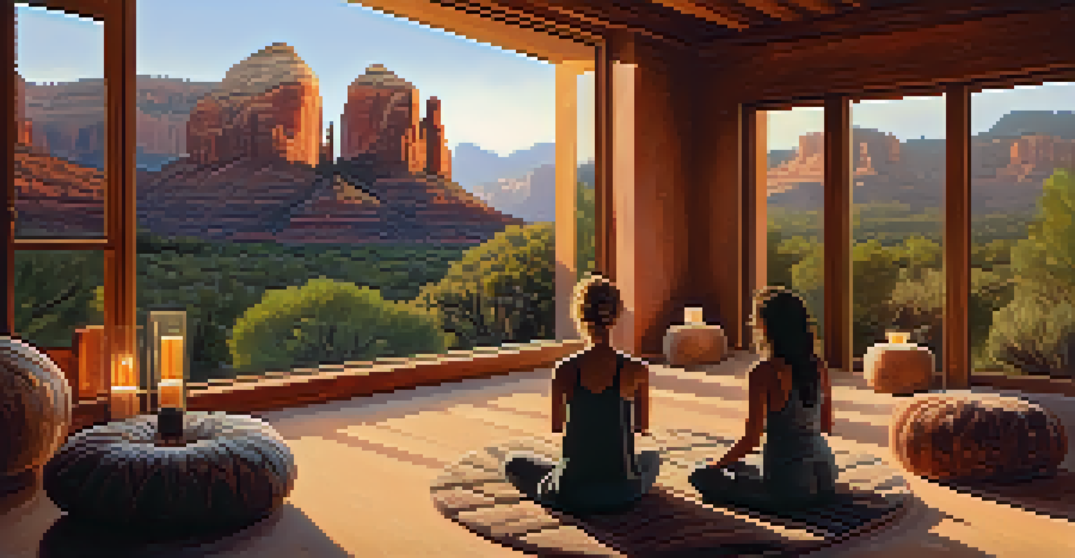 A serene meditation session inside a wellness retreat, featuring soft lighting and a view of Sedona's red rocks through large windows.