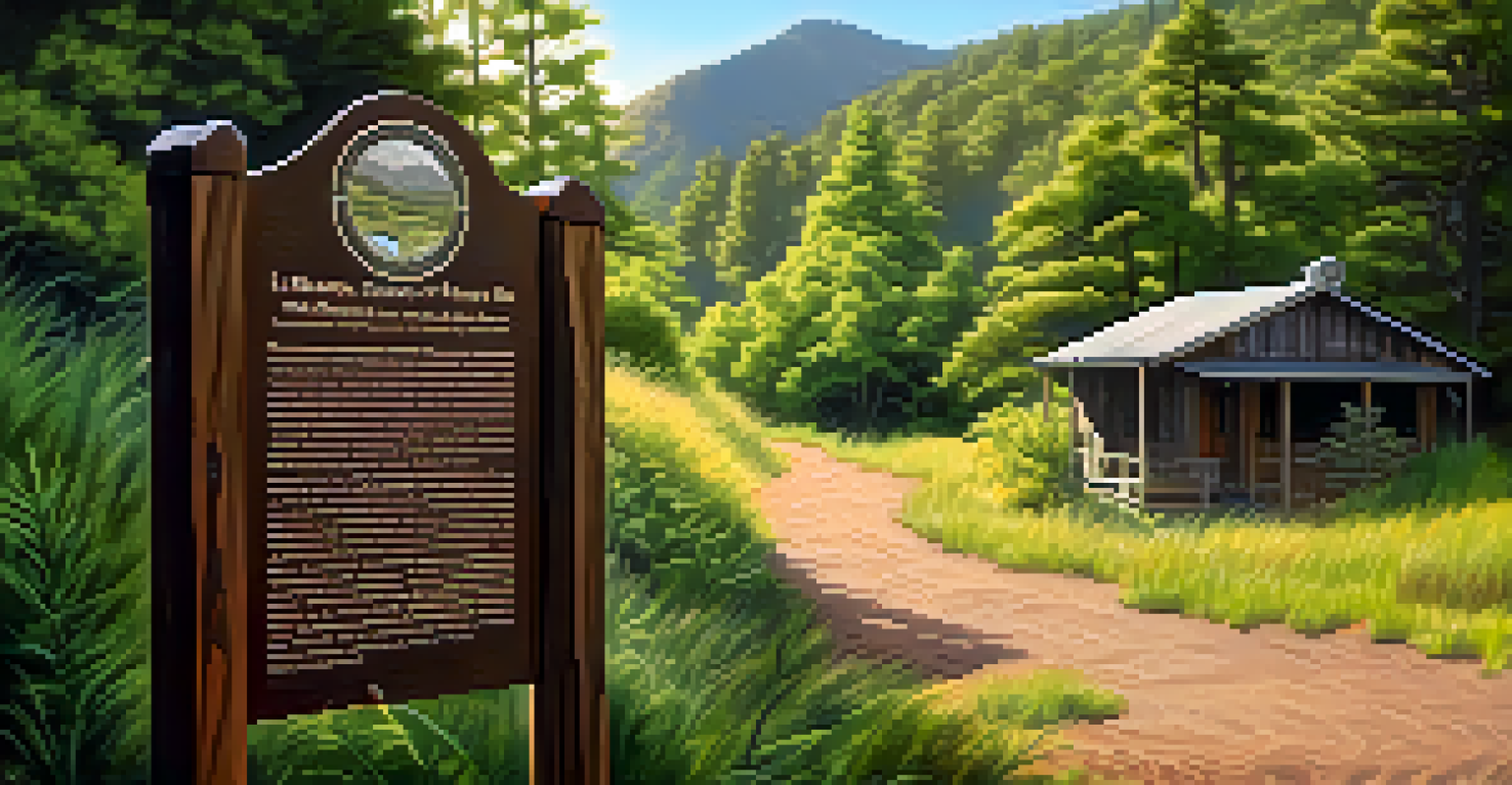 A historical marker along Lizard Head Trail with greenery and mountains in the background.