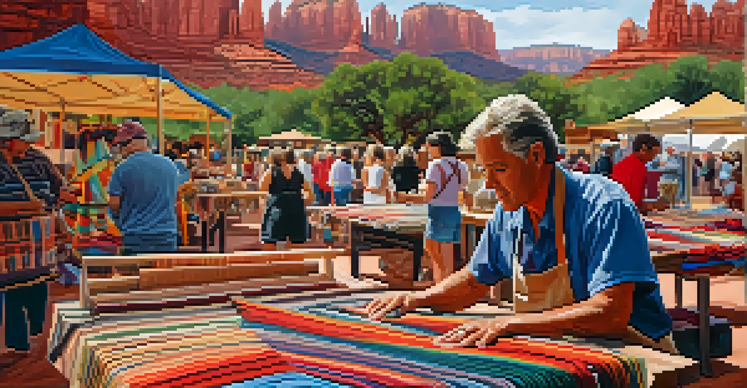 An artisan weaving at a craft fair in Sedona, with colorful textiles and red rock formations in the background.