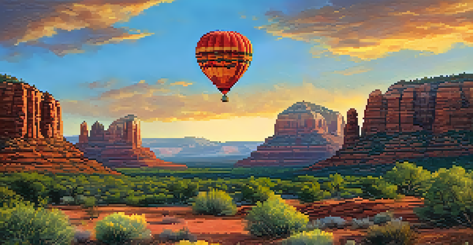 A hot air balloon above Sedona's red rocks and wildflowers at sunrise, creating a tranquil spring scene.