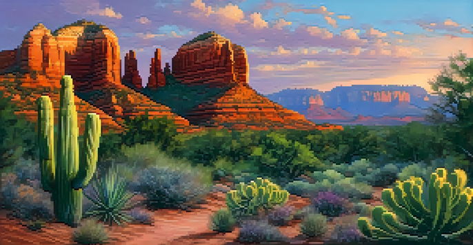 A panoramic view of Sedona's red rock formations illuminated by a colorful sunset, featuring a winding hiking trail in the foreground.