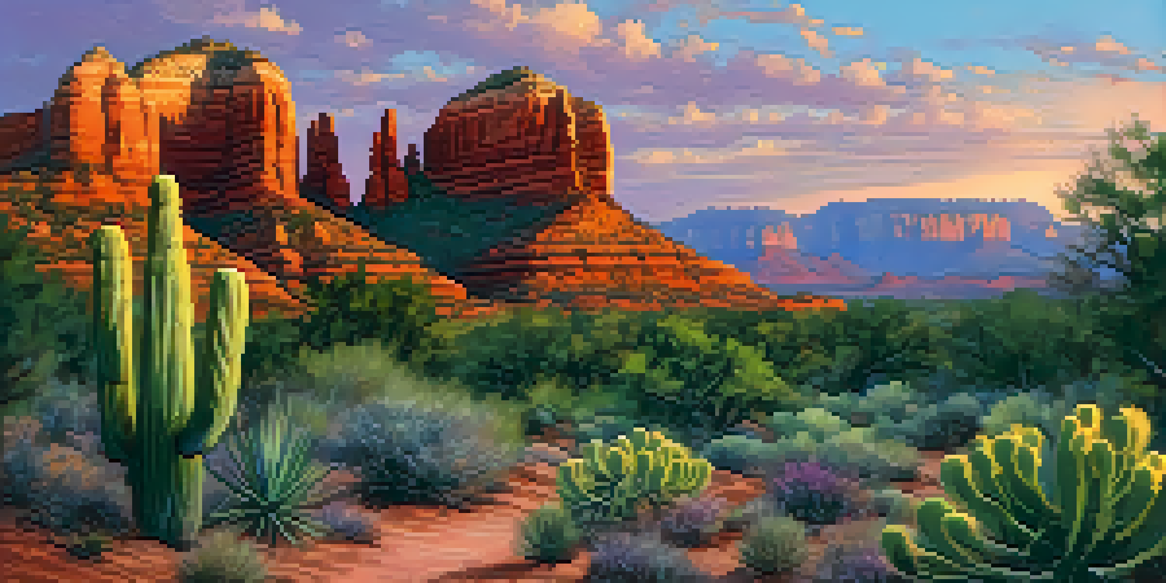 A panoramic view of Sedona's red rock formations illuminated by a colorful sunset, featuring a winding hiking trail in the foreground.