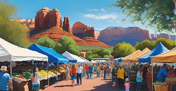 A lively farmers' market in Sedona with colorful stalls, fresh produce, and people interacting, set against the backdrop of red rock formations.