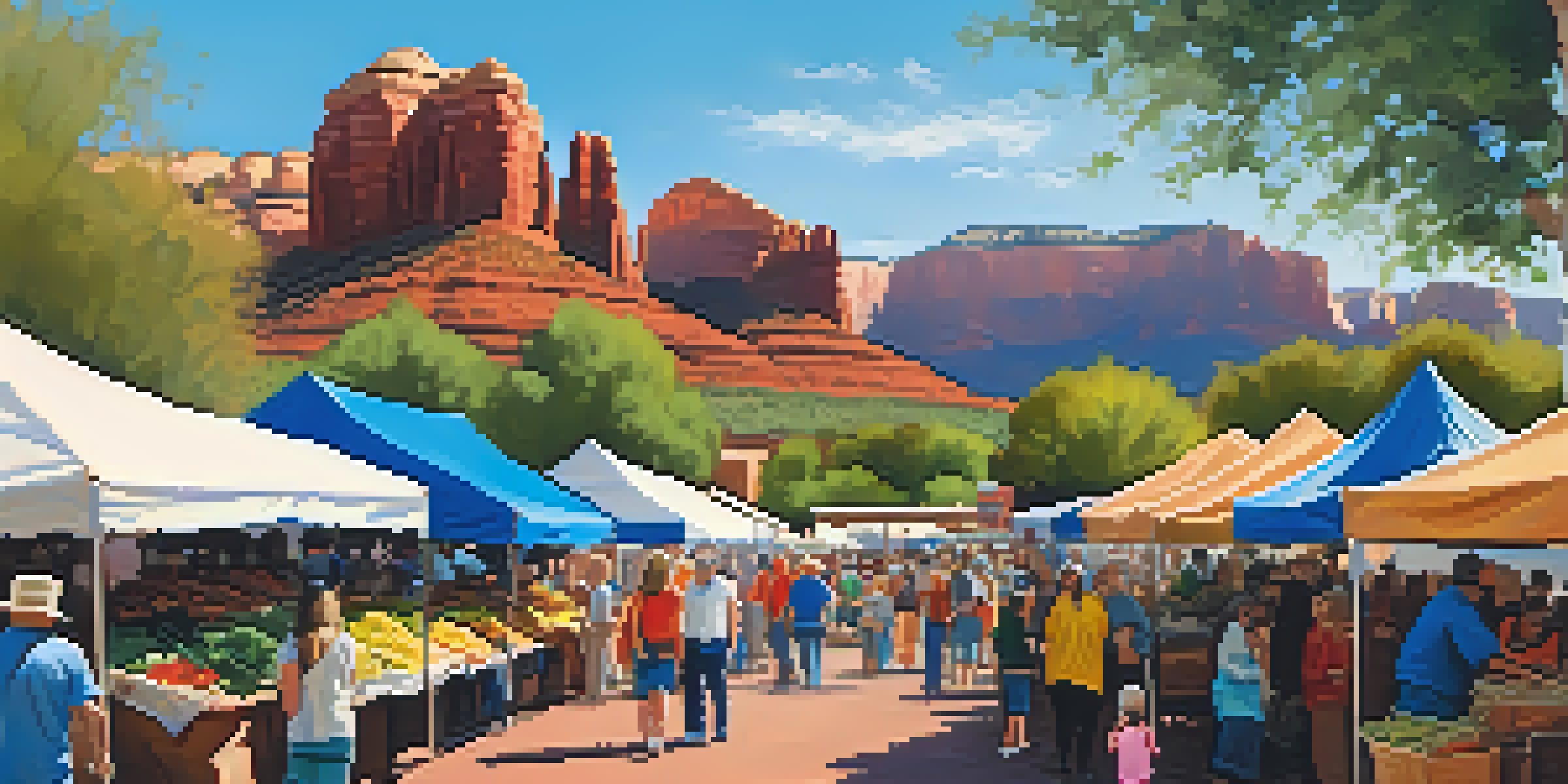 A lively farmers' market in Sedona with colorful stalls, fresh produce, and people interacting, set against the backdrop of red rock formations.