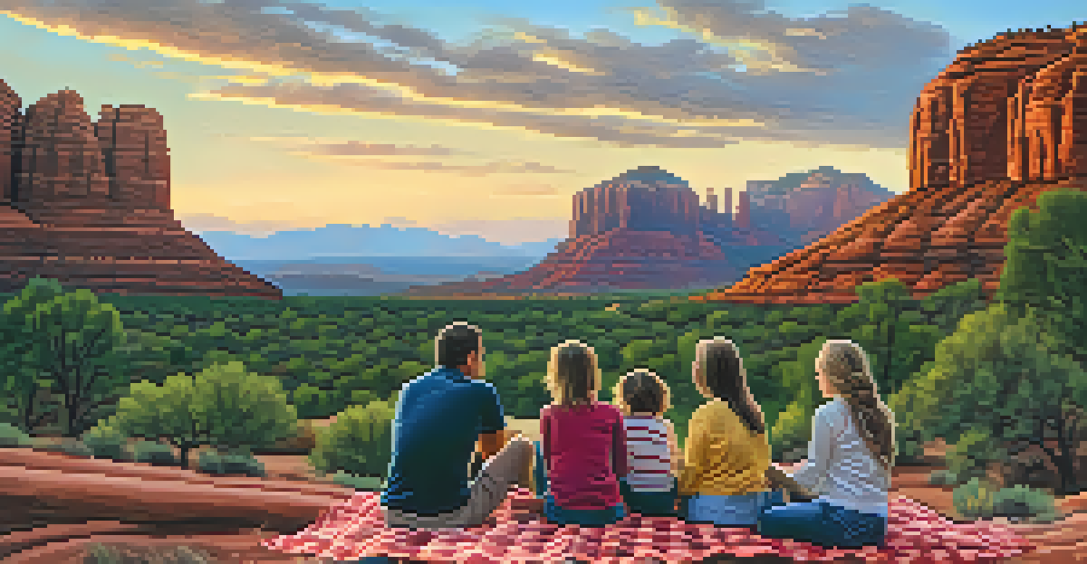 A family watching the sunset at Bell Rock, surrounded by a vibrant sky and scenic landscape.