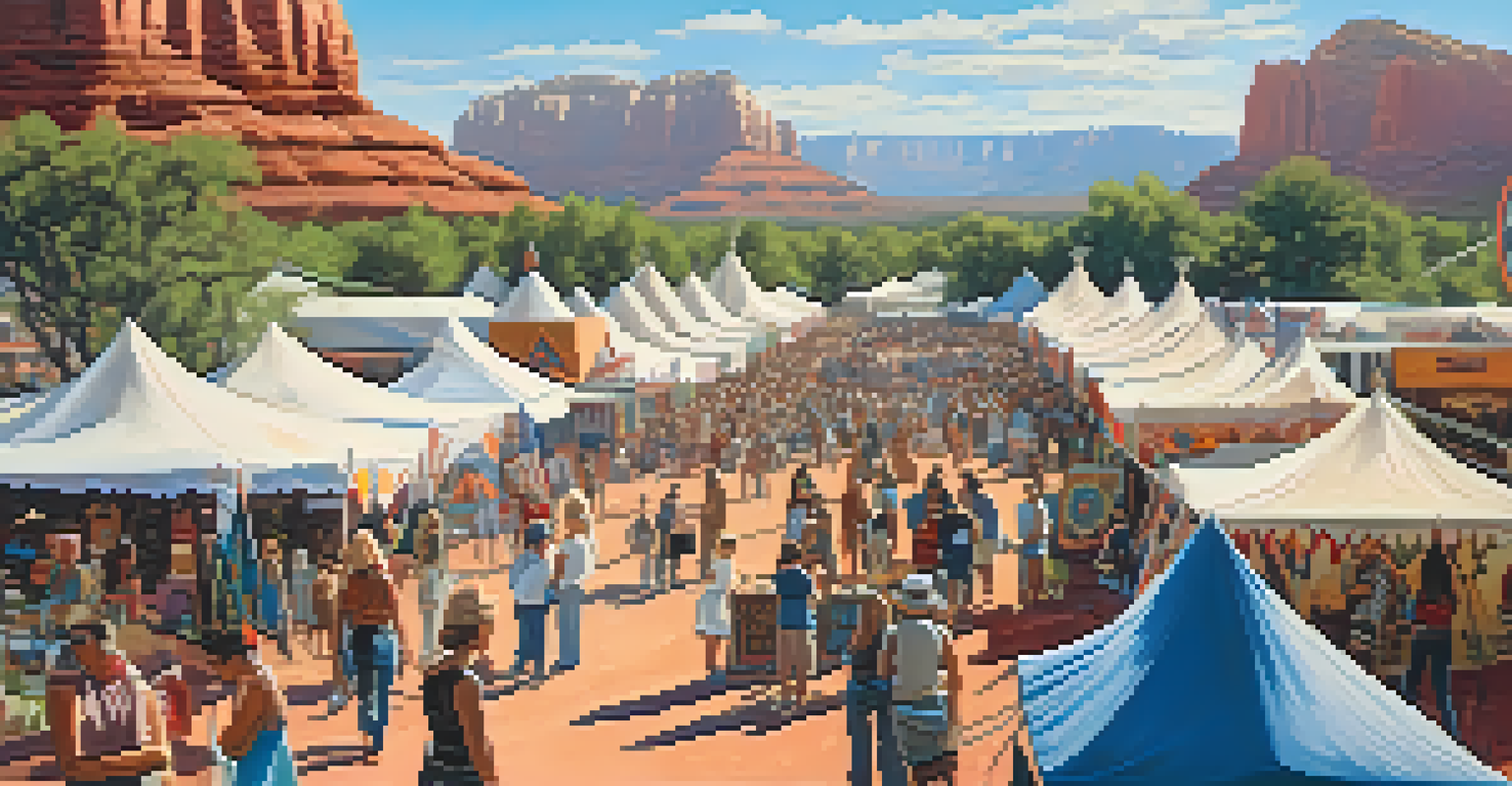 A lively art festival in Sedona showcasing Native American artworks, with artists and visitors interacting under a blue sky and red rock backdrop.