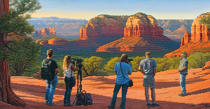 A panoramic view of Sedona's red rock formations during sunset, with visitors capturing the moment.