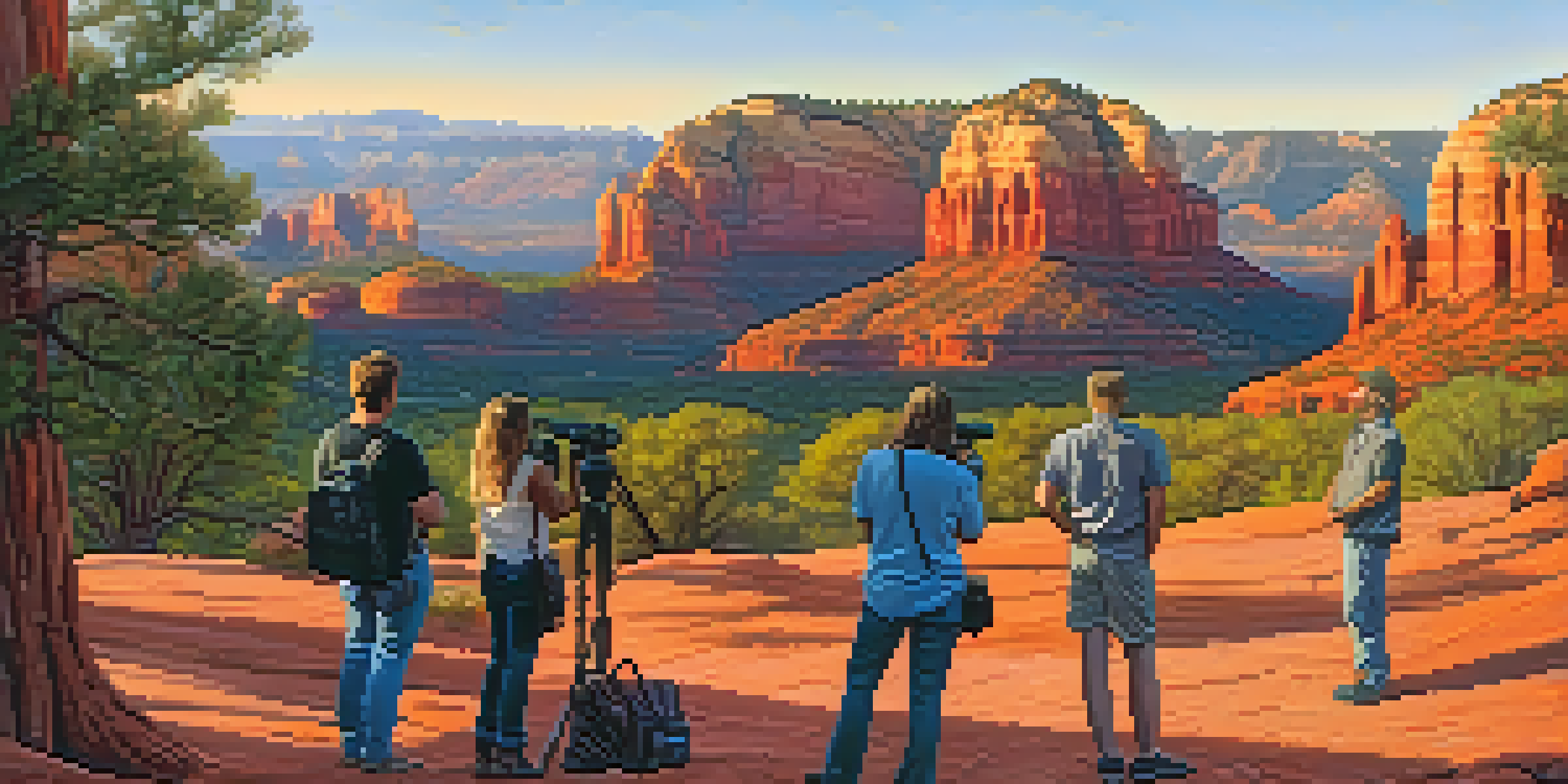 A panoramic view of Sedona's red rock formations during sunset, with visitors capturing the moment.