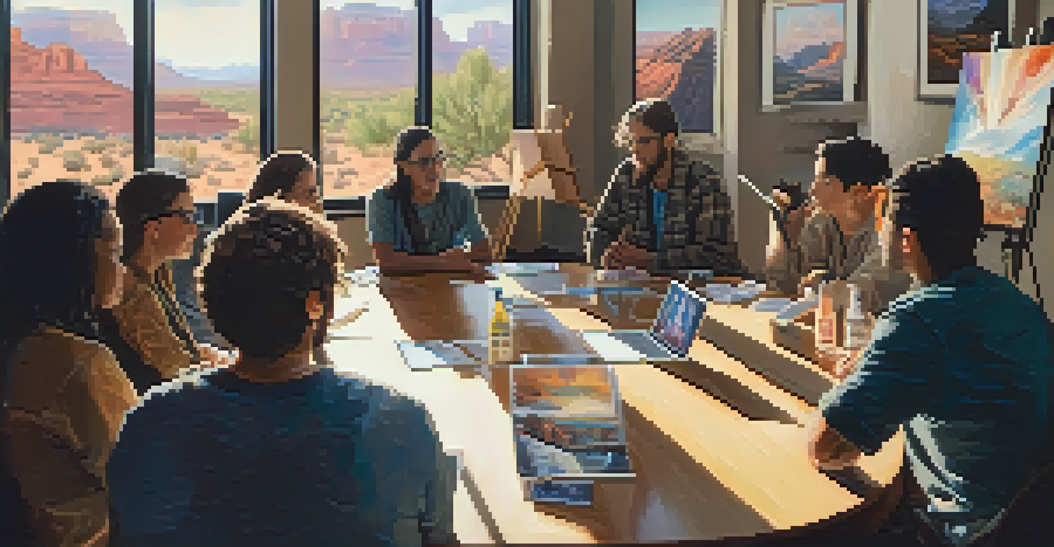 A workshop at Sedona film festival with aspiring filmmakers in discussion, natural light illuminating the room with a projector showing film clips.
