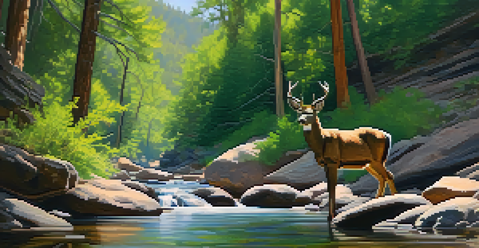 A deer drinking from Oak Creek in Sedona, surrounded by lush greenery and gentle morning light filtering through the trees.