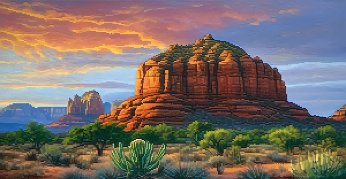 A scenic sunset view of Bell Rock in Sedona, with red rock formations and desert plants in the foreground.