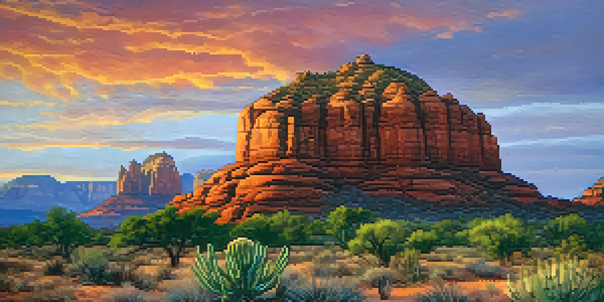 A scenic sunset view of Bell Rock in Sedona, with red rock formations and desert plants in the foreground.
