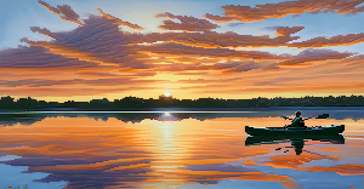 A stunning sunrise over Oak Creek, with vibrant colors reflected in the calm waters and a kayak gliding through.