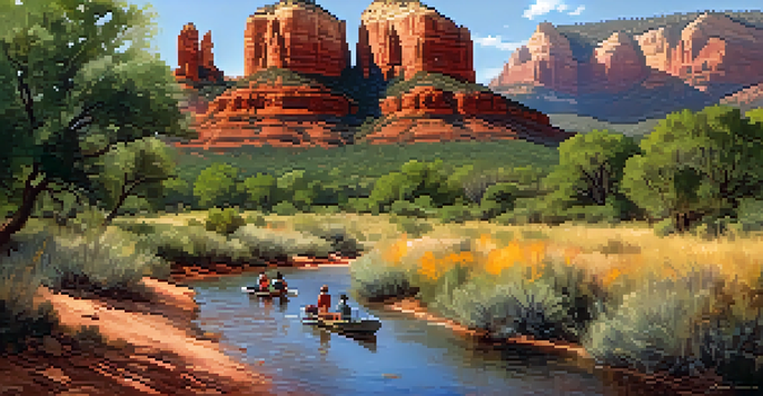 A scenic view of Sedona with red rock formations and children participating in a summer camp activity amidst nature.