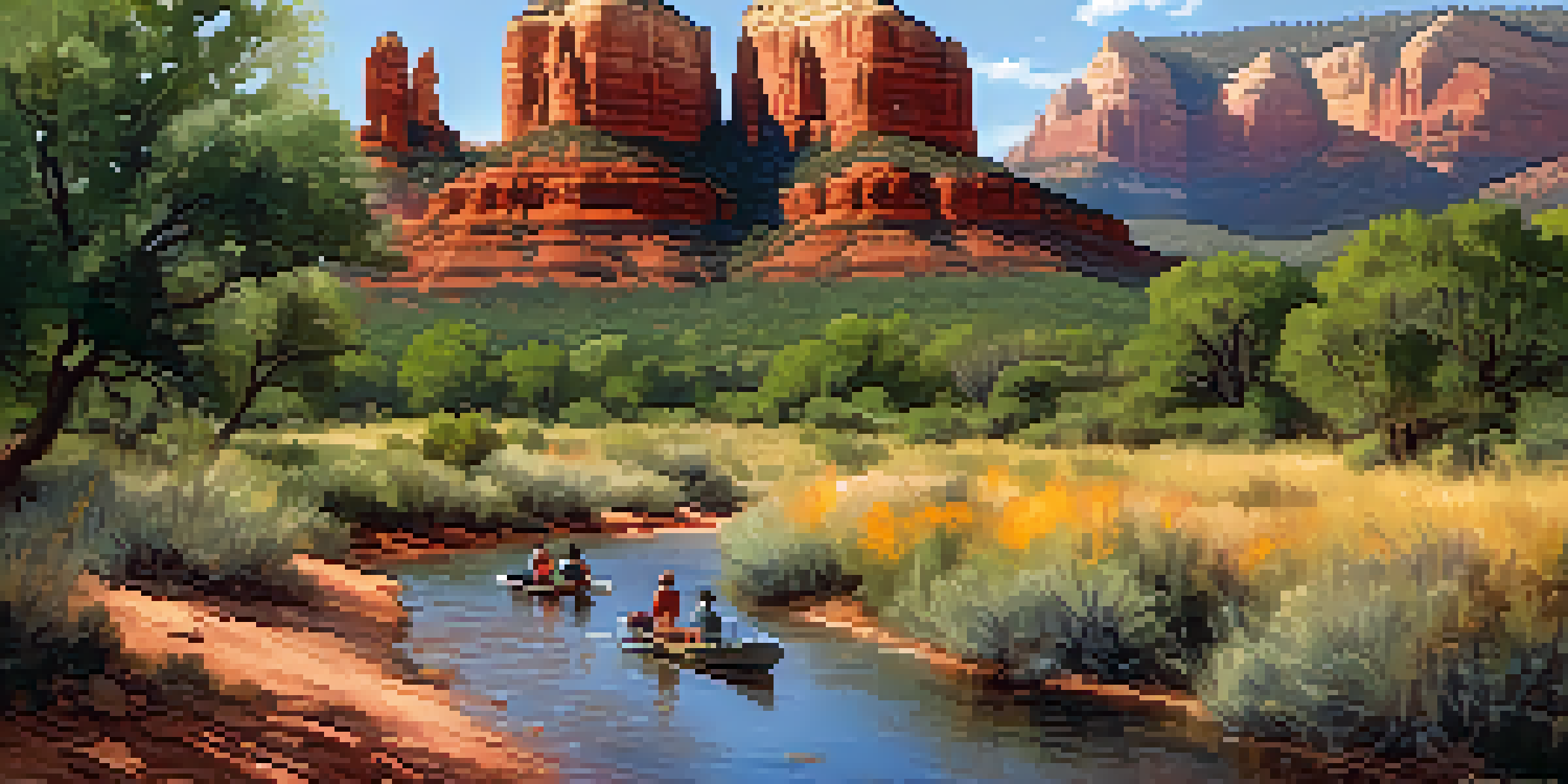A scenic view of Sedona with red rock formations and children participating in a summer camp activity amidst nature.