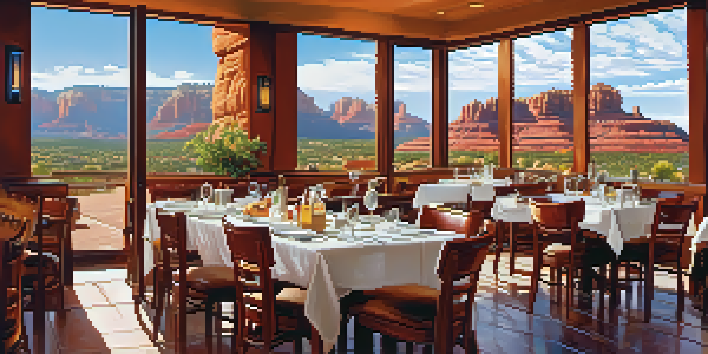 Diners at the Airport Mesa Restaurant enjoying meals with scenic red rock formations in the background.