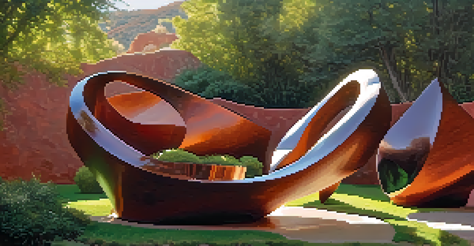 A detailed view of a contemporary metal sculpture surrounded by greenery and red rocks in Sedona.